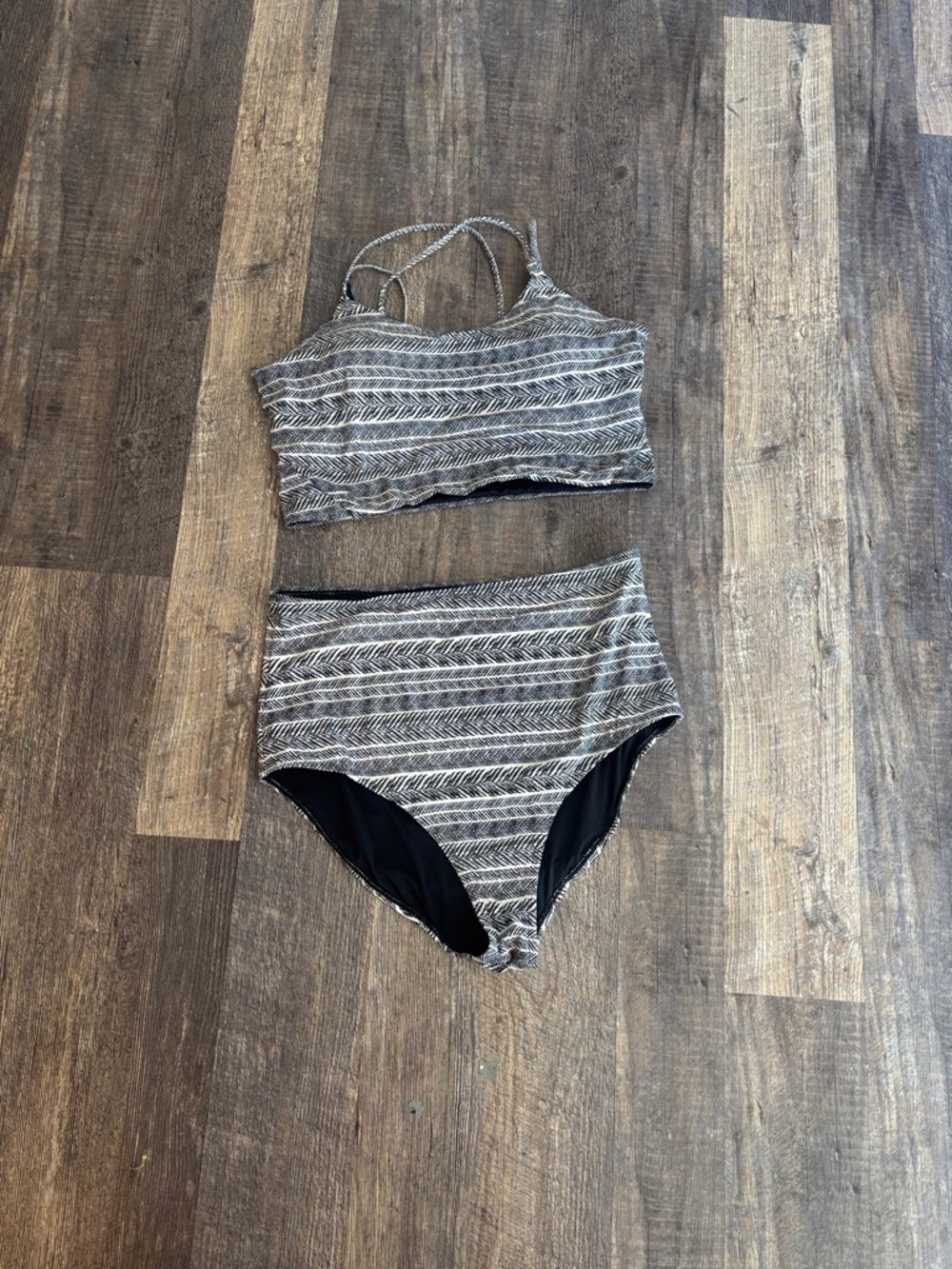 Striped High-Waist Bikini Set - Neutral Grey